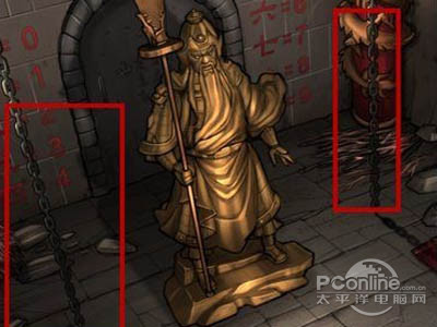 回到关二爷旁边，将关二爷左右两边的铁链砍断